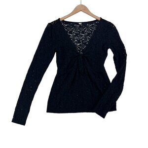 Free People Intimacy Black Lace Long Sleeve  V Neck Top Size